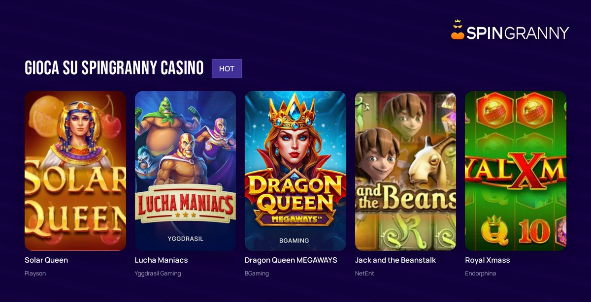 Lobby delle slot di SpinGranny con i titoli in evidenza